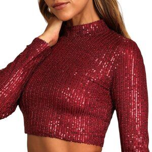 Lulus NWT Dazzling Beauty Wine Red Sequin Long Sleeve Mock Neck Crop Top Size L